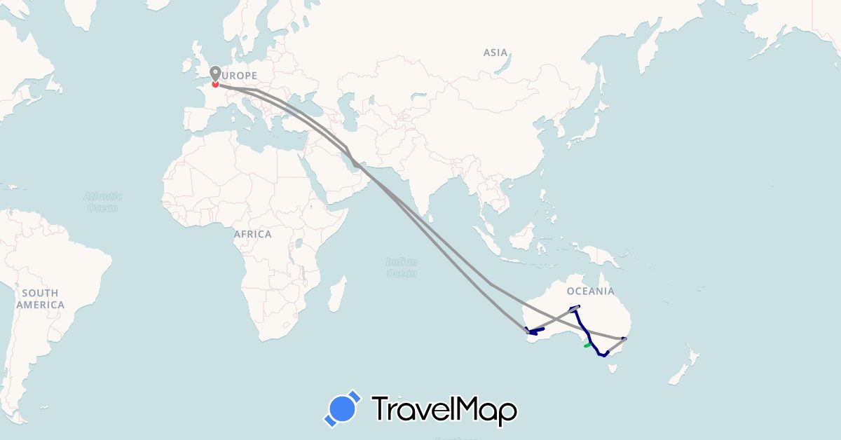 TravelMap itinerary: driving, bus, plane, train, hiking, boat in United Arab Emirates, Australia, Germany, France, Hungary, Indonesia, Iran, Oman (Asia, Europe, Oceania)